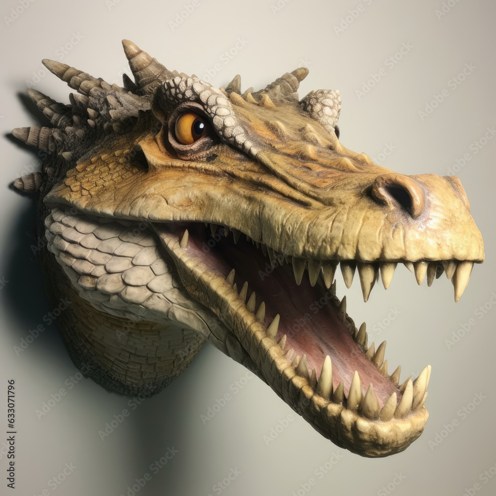 Fototapeta premium dinosaur head close-up on a gray background. 3d rendering