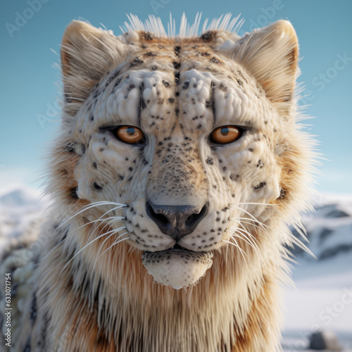 Close-up portrait of a white snow leopard in the snow photo