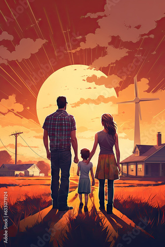 Happy family standing in front of wind turbines in a rural landscape.