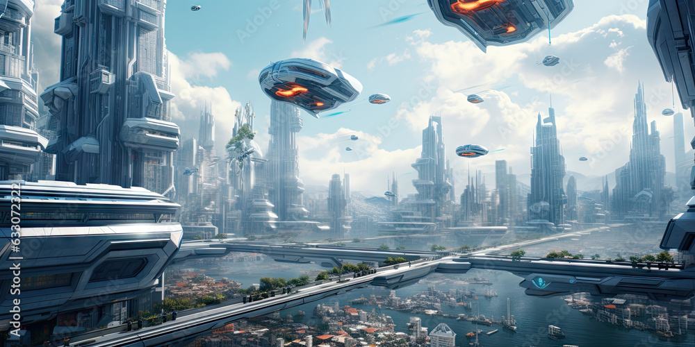 Futuristic city with flying saucers. 3d rendering Futuristic city with flying saucers. 3d rendering