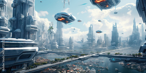 Futuristic city with flying saucers. 3d rendering