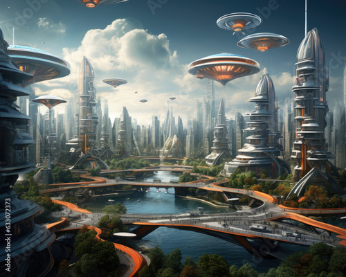 Fantasy alien city with flying saucers. 3D rendering