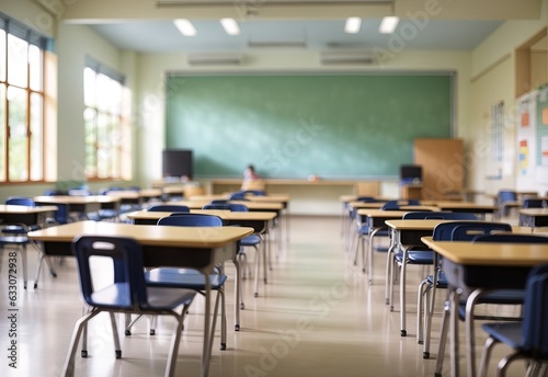 School classroom in blur background without young student; Blurry view of elementary class room no kid or teacher with chairs and tables in campus