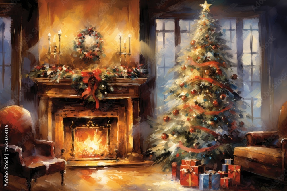  Christmas Charming watercolor Cozy fireplace, Christmas tree and presents in a dreamy scene