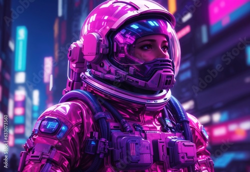 Retrofuturistic illustration of astronaut in futuristic neon lit cyberpunk city. Neon pink blue violet night astronaut