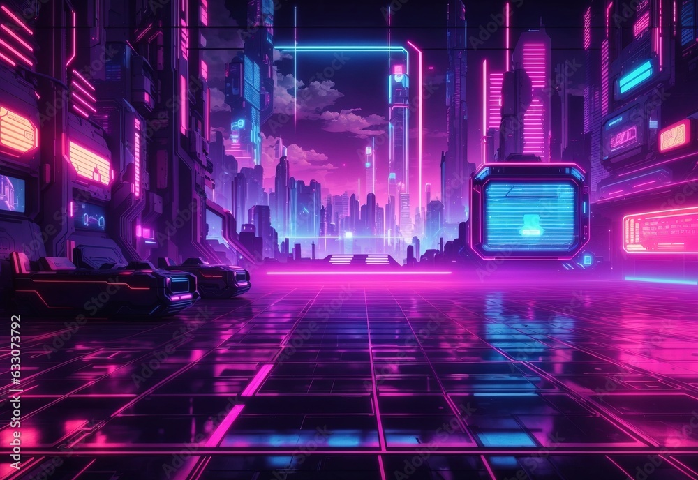 Retro cyberpunk style background. Sci-Fi background. Neon light grid landscapes