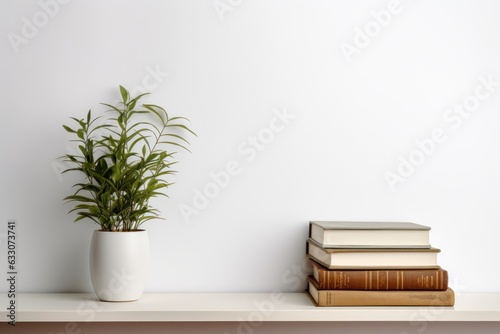 a wall shelf against a white wall with books and a plant © Teppi