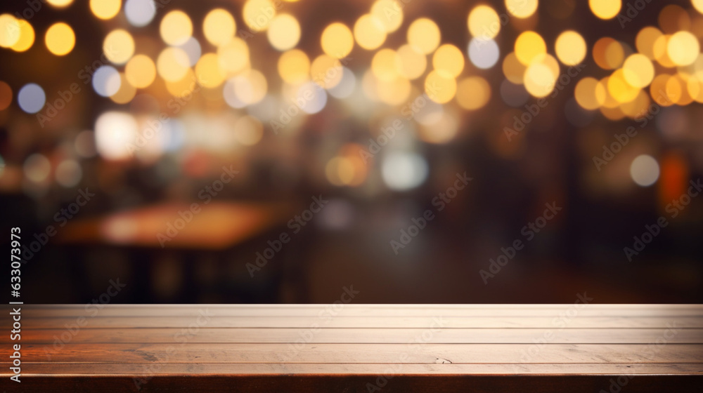 Empty wooden tabletop and defocused background with bokeh lights blurred backdrop of street cafe and beer pub. Empty wooden tabletop and defocused background with bokeh lights blurred backdrop of street cafe and beer pub.