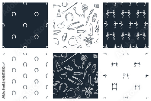 Set of seamless patterns on the theme of equestrian sports