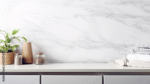 Empty white marble countertop and wall with copy space place for mounting your product and blurred background of bathroom interior and towels.