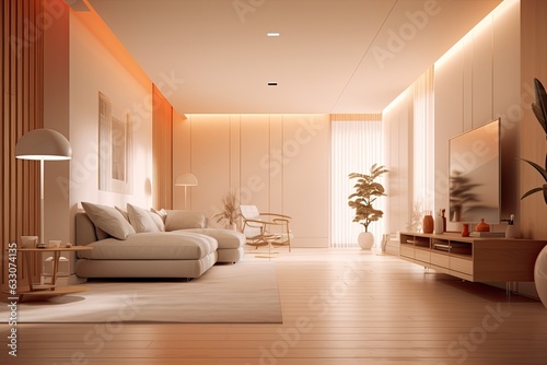 Modern beige living room and hallway. Creative monochrome design complex luxury house. Generative AI.