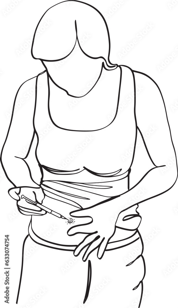 Cartoon Illustration Woman SelfInjecting in Continuous Line Drawing