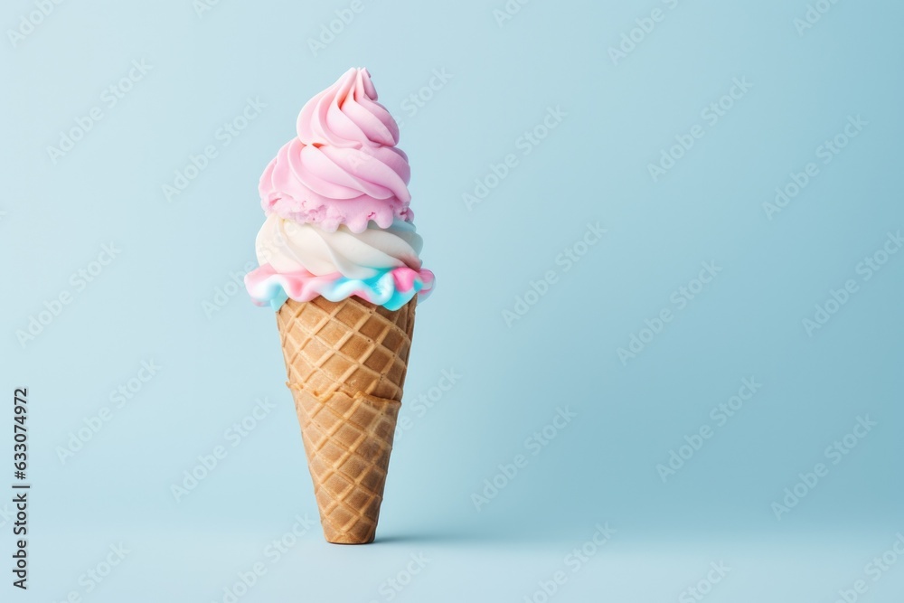 Waffle corn of fresh natural homemade sweet ice-cream with milk splash against light blue background, copy space. Healthy natural dessert. Waffle corn of fresh natural homemade sweet ice-cream with milk splash against light blue background, copy space. Healthy natural dessert.