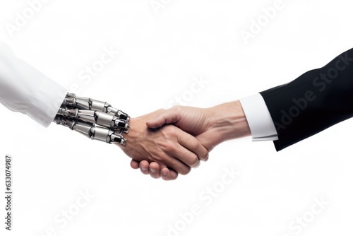 Business hand robot handshake with human on the white background, isolated. Ai artificial intelligence digital transformation