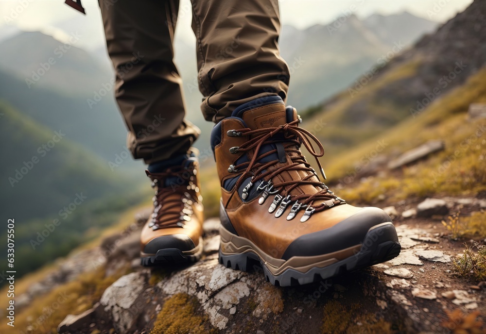 Man hiking up mountain trail close-up of leather hiking boot Man hiking up mountain trail close-up of leather hiking boot