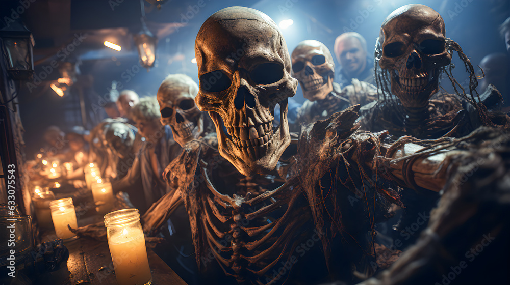 Spooky halloween background. Group of skeletons taking a selfie celebrating Halloween night. Generative ai - obrazy, fototapety, plakaty 