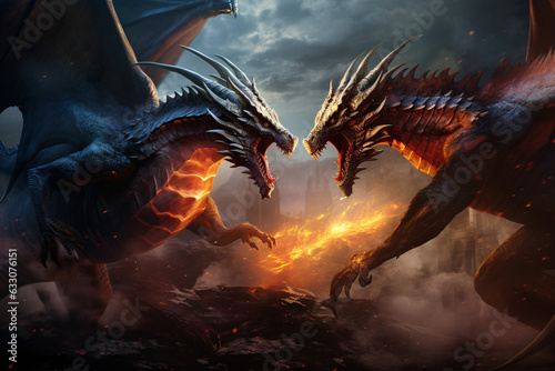 Two mighty dragons clash in an epic aerial duel. Fire and roars fill the sky, showcasing the raw power of these legendary creatures.