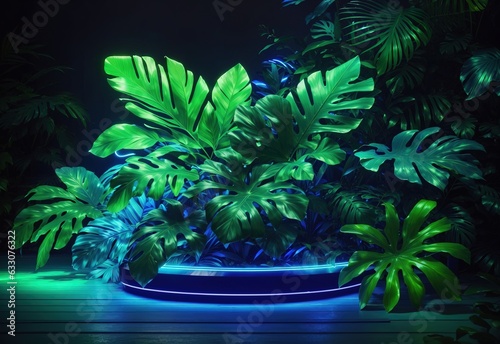 Green and Blue Neon Light with Tropical Leaves on the backgropund photo