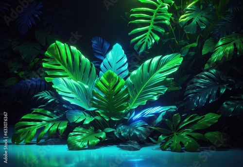 Green and Blue Neon Light with Tropical Leaves on the backgropund