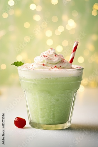 Xmas Grinch Punch in glass on white table with garland. Close up. Tasty beverage for Christmas holiday make of cool lime sherbet. Generative AI.