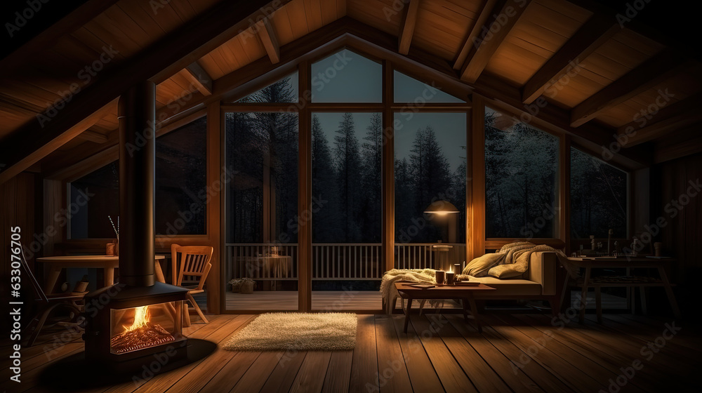 Comfortable Wooden Cozy Cottage in the forest. Generative AI