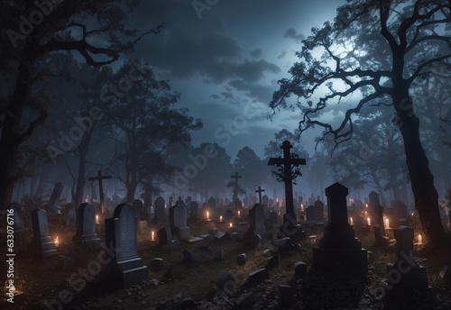 Graveyard in spooky death Forest At Halloween Night 