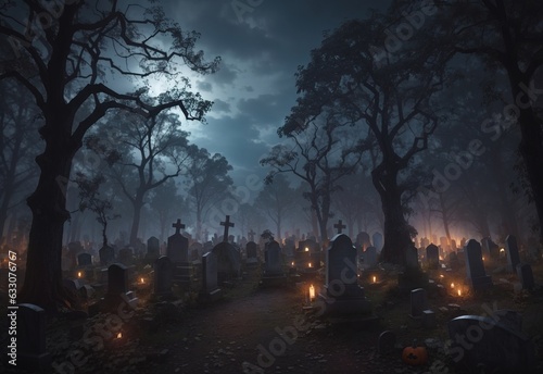 Graveyard in spooky death Forest At Halloween Night 