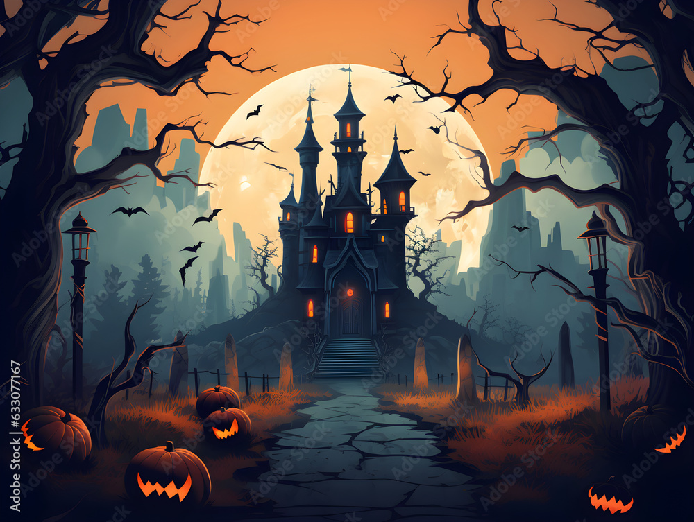 Generative ai of Halloween night castle with pumpkins and bats.