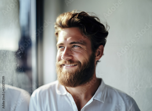 Portrait of a handsome Scandinavian man smiling with fresh stylish hair and beard	
