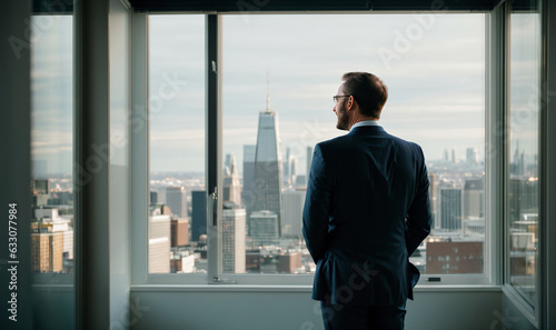 wide back shot of happy business man in blue suit staying at window and looking at blurry cityscape in back, mature confident professional executive manager, proud lawyer - generative AI