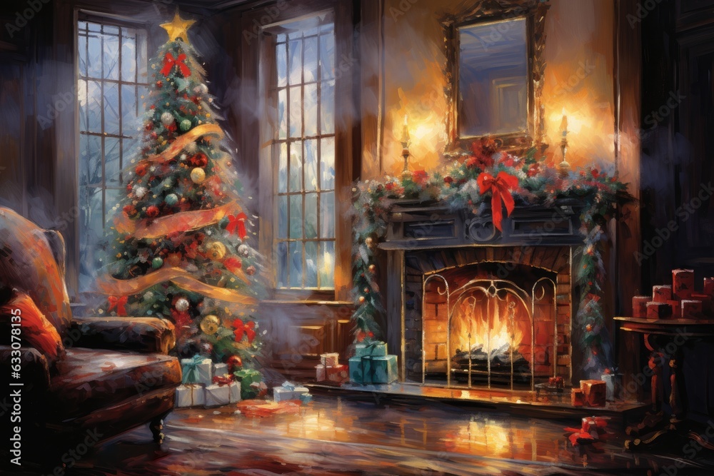 Obraz premium watercolor christmas tree and fireplace presents in a dreamy scene
