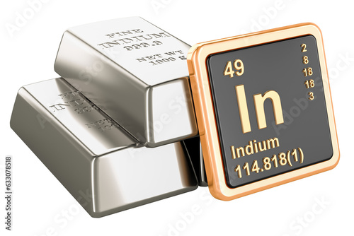 Indium ingots with chemical element icon Indium In, 3D rendering isolated on transparent background
