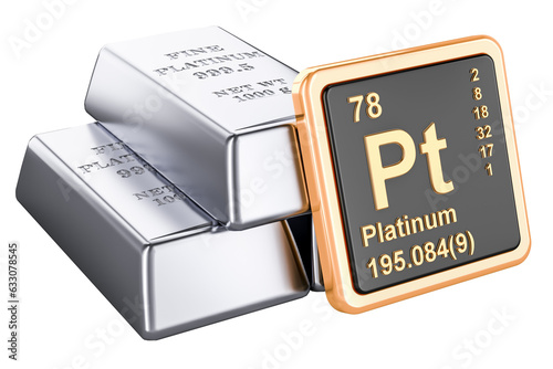 Platinum ingots with chemical element icon Platinum Pt, 3D rendering isolated on transparent background photo