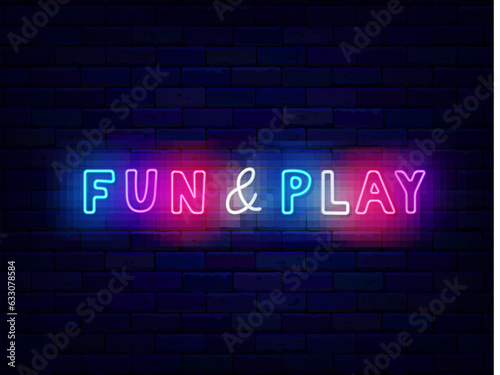 Fun and play neon inscription. Kids world logotype. Handwritten colorful greeting card. Play zone. Vector illustration