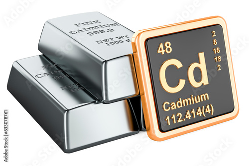 Cadmium ingots with chemical element icon Cadmium Cd, 3D rendering photo