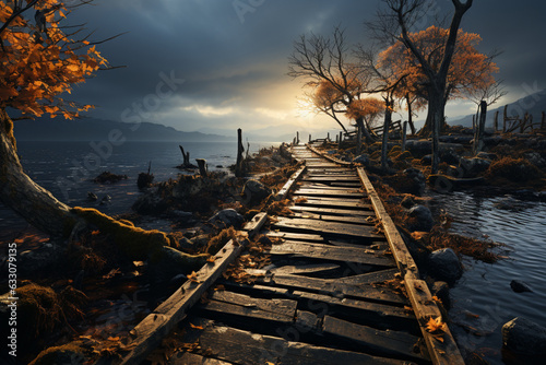 Desolate wooden pier, forgotten in countryside, extends over the calm river Generative AI