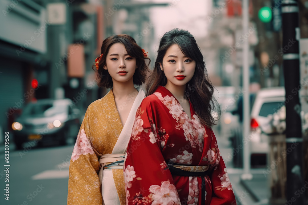 Asian couple walking through the city street, lifestyle. The concept of sightseeing and traveling around the world. Generative Ai, Ai. Asian couple walking through the city street, lifestyle. The concept of sightseeing and traveling around the world. Generative Ai, Ai.