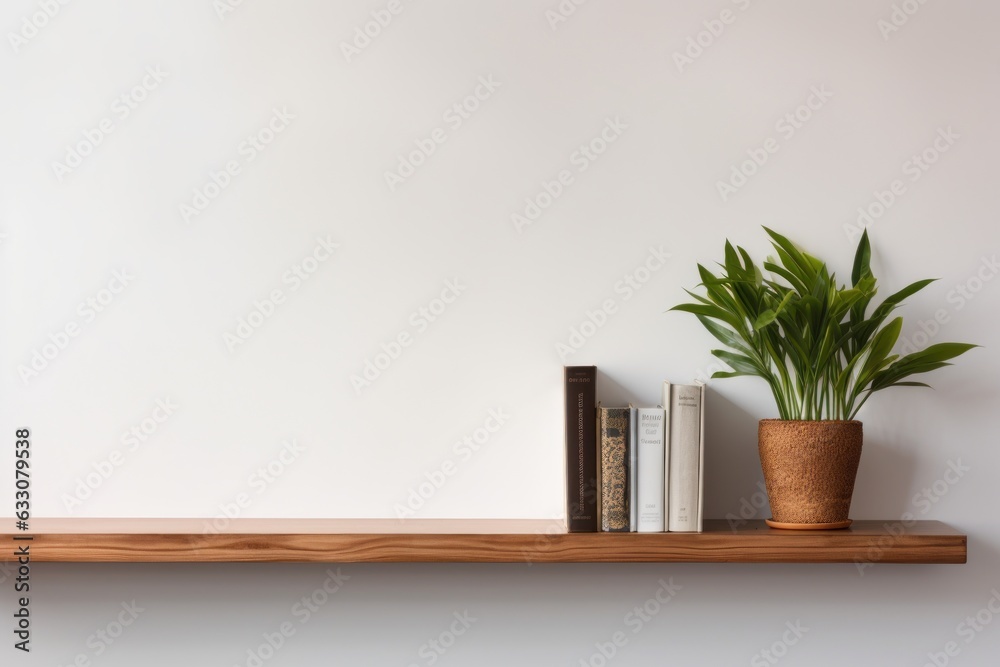 a brown wall shelf against a white wall with books and a plant a brown wall shelf against a white wall with books and a plant