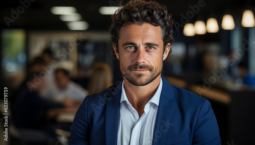 portrait of a businessman looking into a camera. handsome businessman with dark hair and blue eyes in a navy blue suit. business. professional