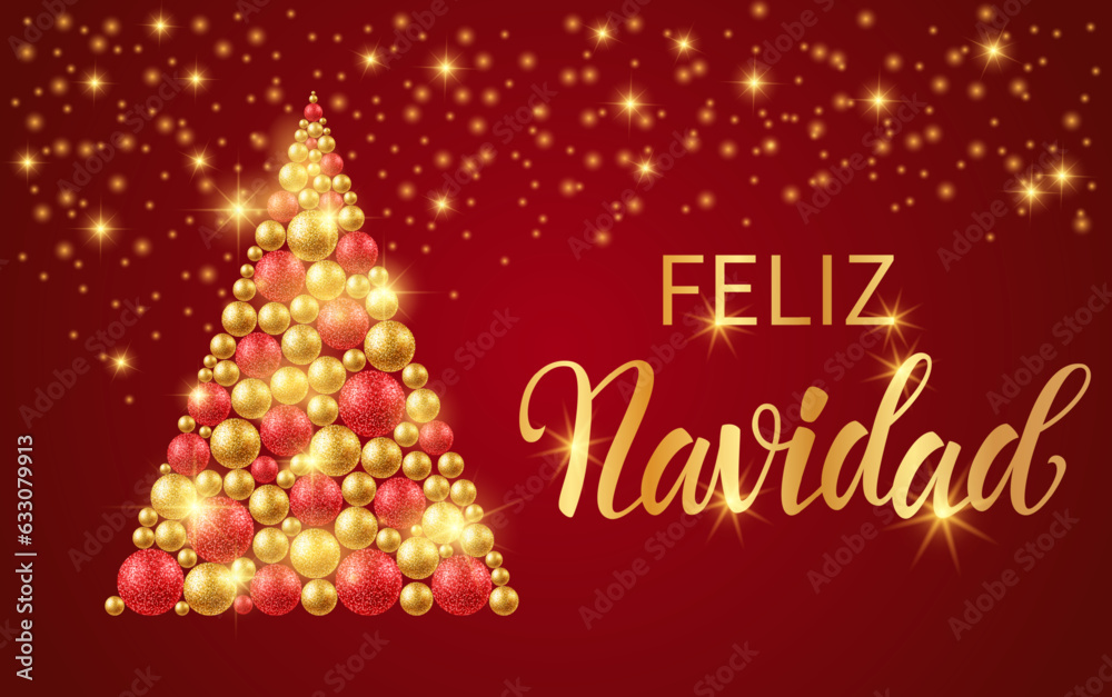 Feliz Navidad - Merry Christmas in Spanish text for card for your design. Christmas tree made of gold and red balls on a red background.