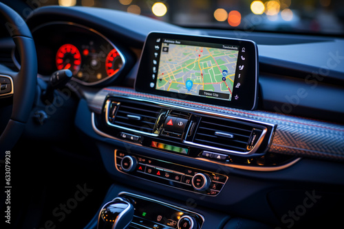 In car GPS app, smartphone displays navigation map for seamless travel  Generative AI © Muhammad Shoaib