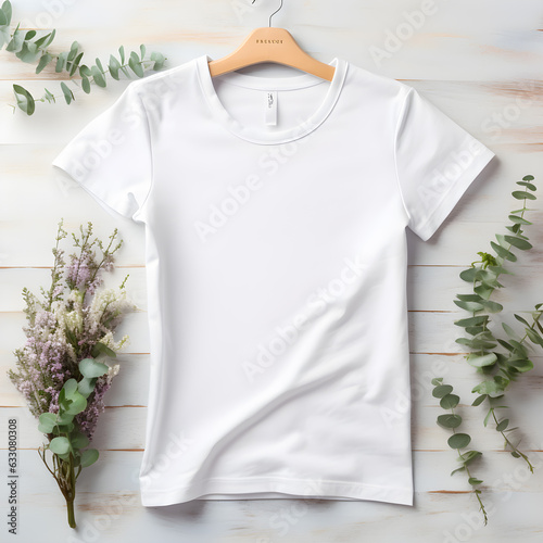 White womens cotton Tshirt mockup with label. Design t shirt template, print presentation mock up. Top view flat lay. Concrete stone background.