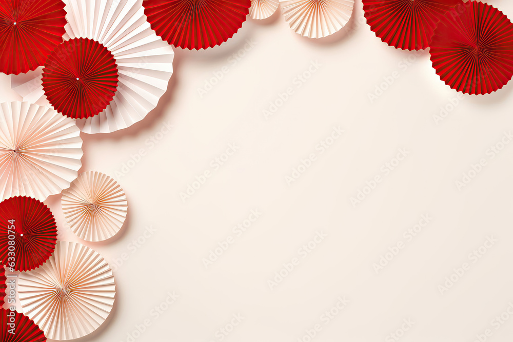 Frame Of Red Paper Fans On Pale Gray Color Background, Empty Space. Generative AI