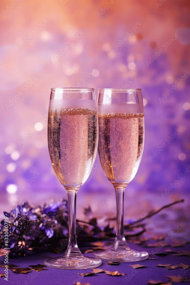 Two Champagne Glasses On Lilac Color Background Of Fireworks With Empty Space. Wedding Celebration. Generative AI Two Champagne Glasses On Lilac Color Background Of Fireworks With Empty Space. Wedding Celebration. Generative AI