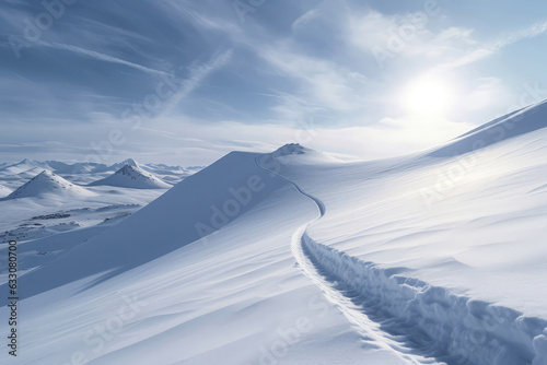 Line Of Ski Tracks Descending Snowy Mountain, Showcasing Linear Perspective. Generative AI photo