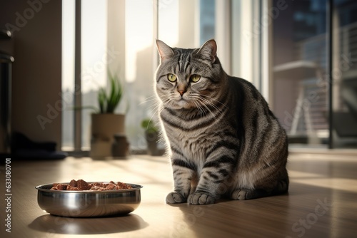 a cute fat tabby short hair cat sitting on the floor in front of its bowl with food ready to eat