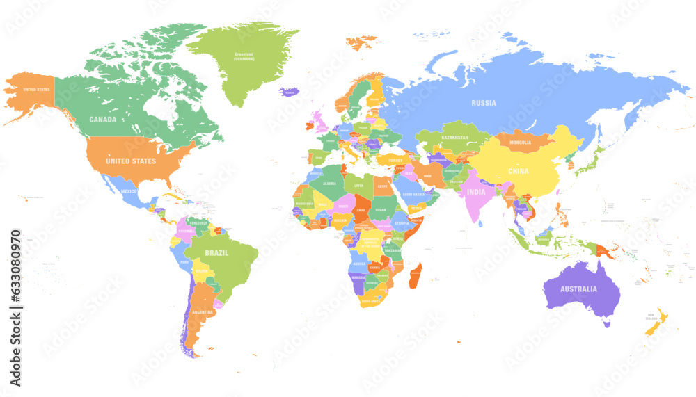 Fototapeta premium Colored world map. Political maps, colourful world countries and country names. Geography politics map, world land atlas or planet cartography vector illustration