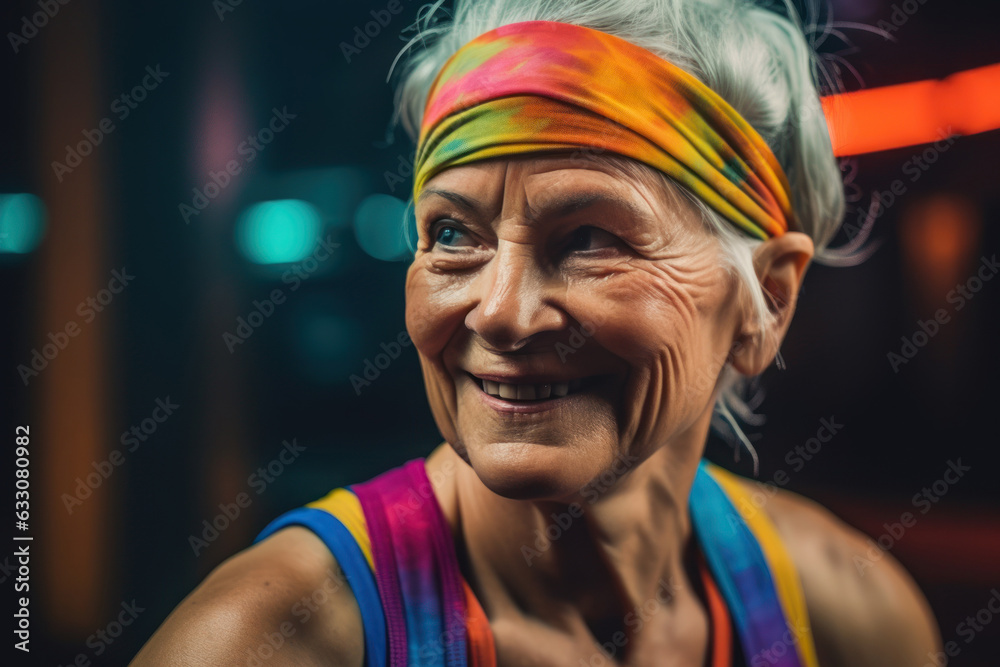 An elderly woman with a smile on her face and a colorful vibrant clothes is happy in the gym, aerobics, the concept of taking care of health and a happy life for seniors. Generative AI. An elderly woman with a smile on her face and a colorful vibrant clothes is happy in the gym, aerobics, the concept of taking care of health and a happy life for seniors. Generative AI.