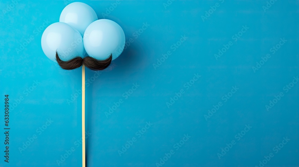 Black mustache on a stick with a ball on a blue background. Copy space for text. movember. Man's health. Men support. Black mustache on a stick with a ball on a blue background. Copy space for text. movember. Man's health. Men support.