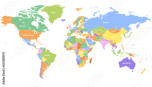Colored world map. Political maps  colourful world countries and country names. Geography politics map  world land atlas or planet cartography vector illustration